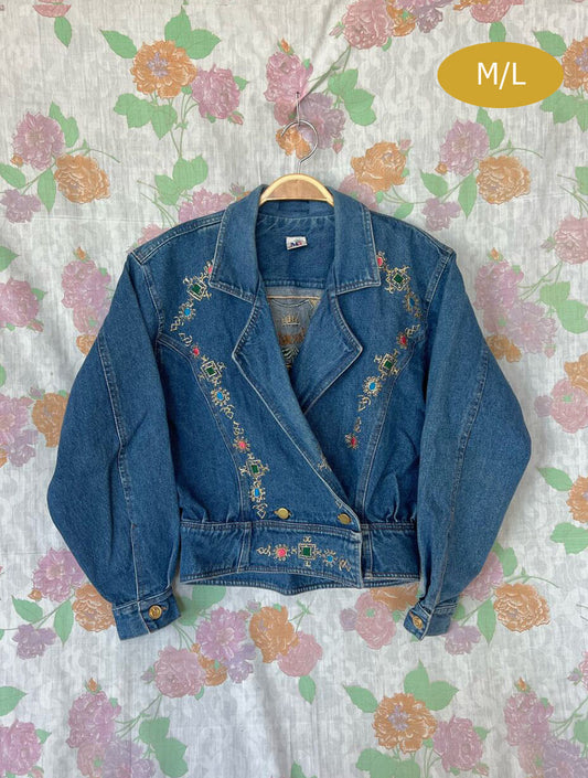 90's Embroidered Denim Bomber