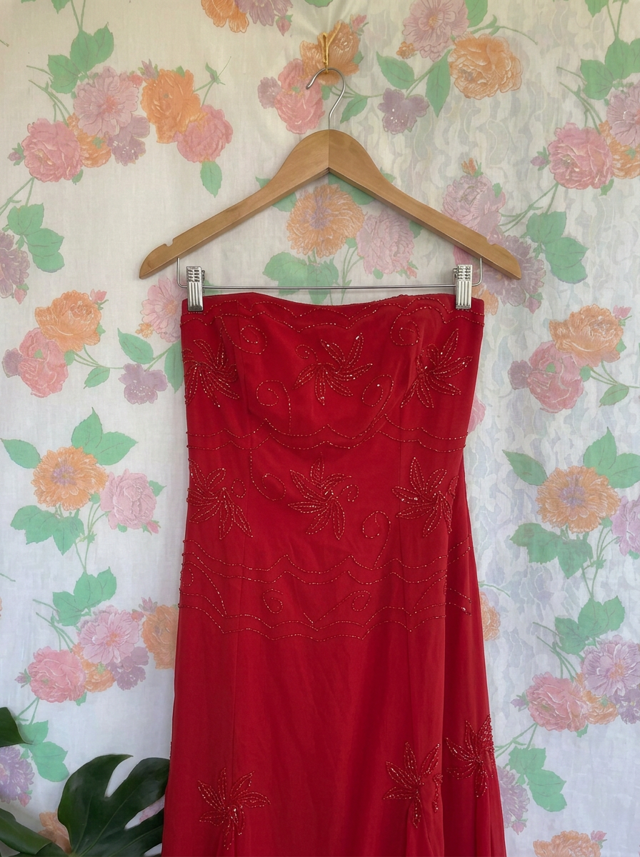 2000's Red Strapless Evening Dress