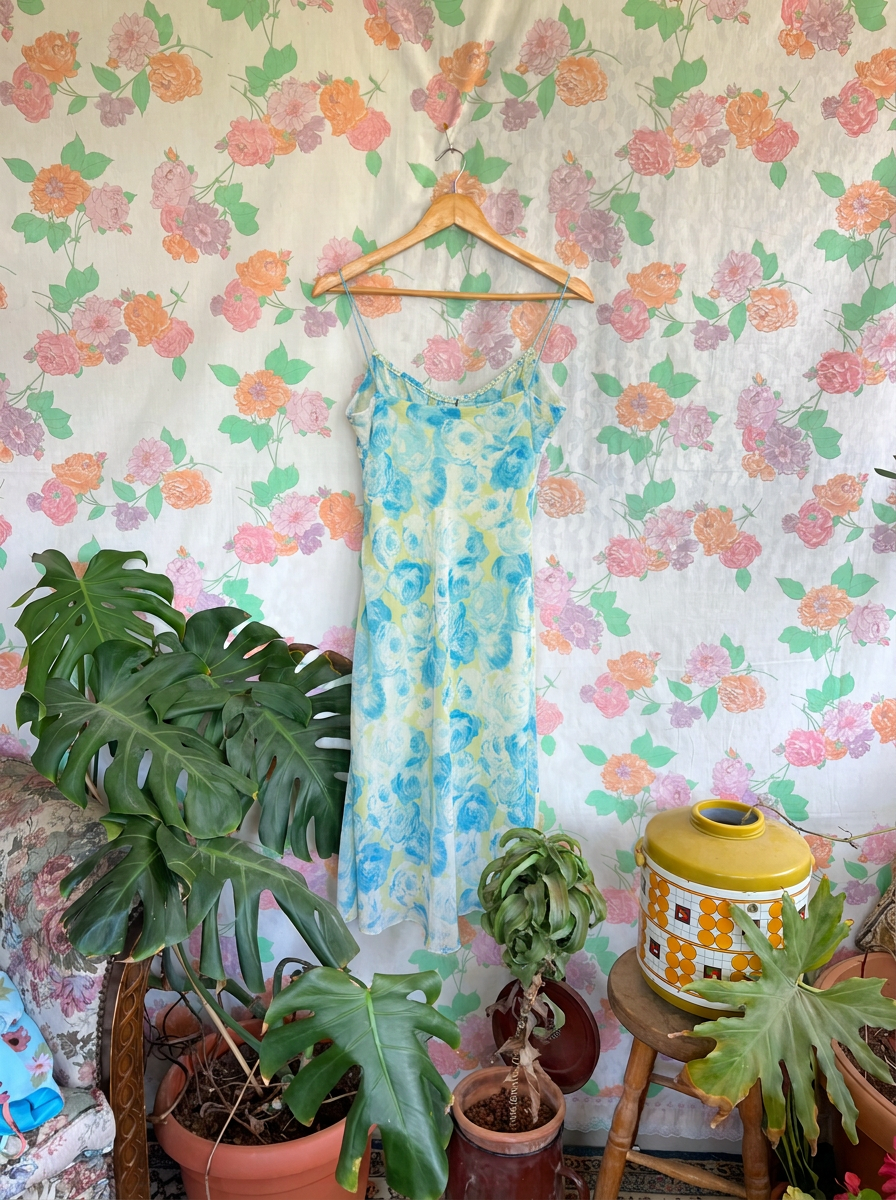 90's Blue & Green Floral Slip Dress