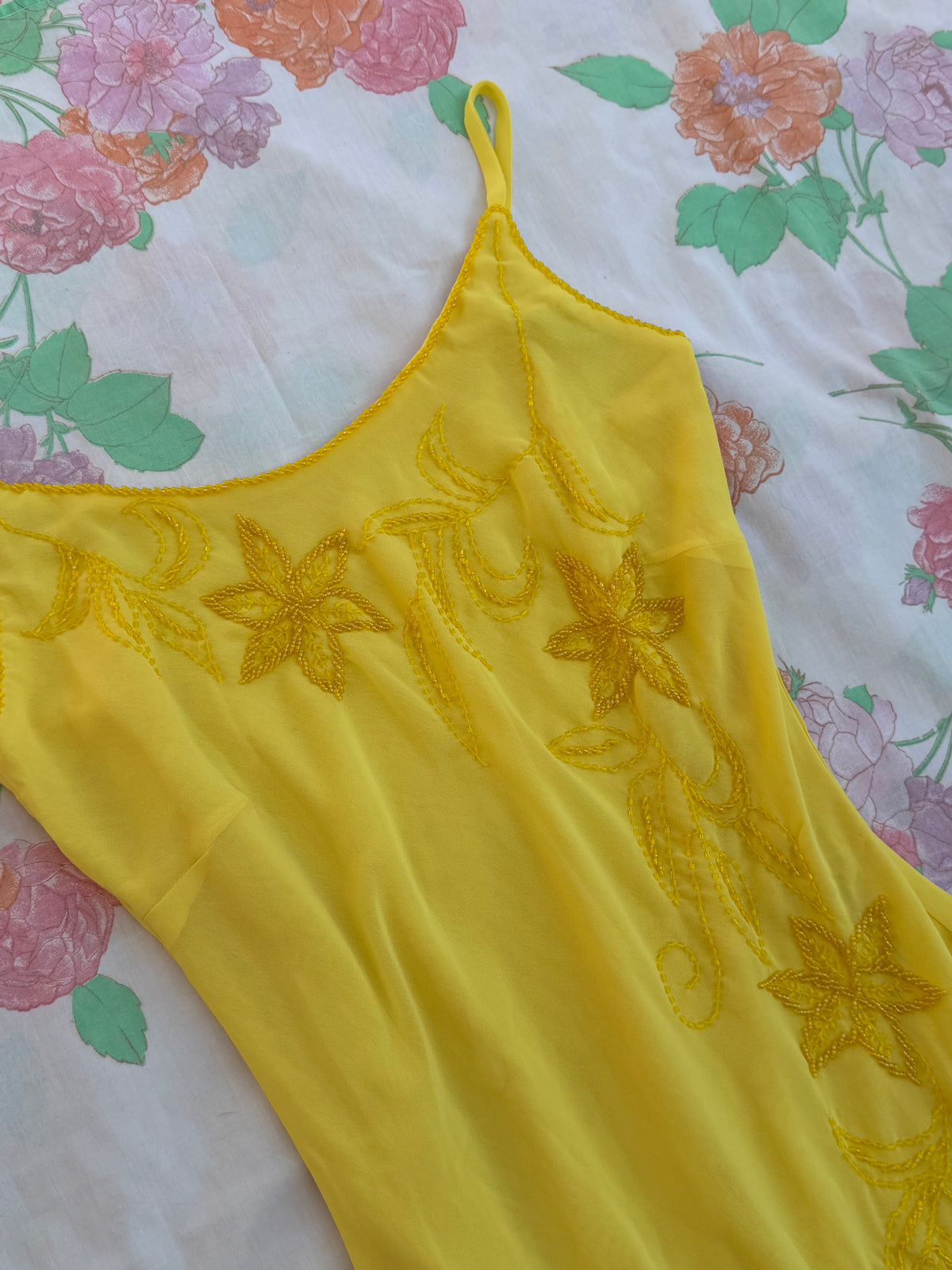 2000's Yellow Embroidered Midi Dress & Matching Scarf