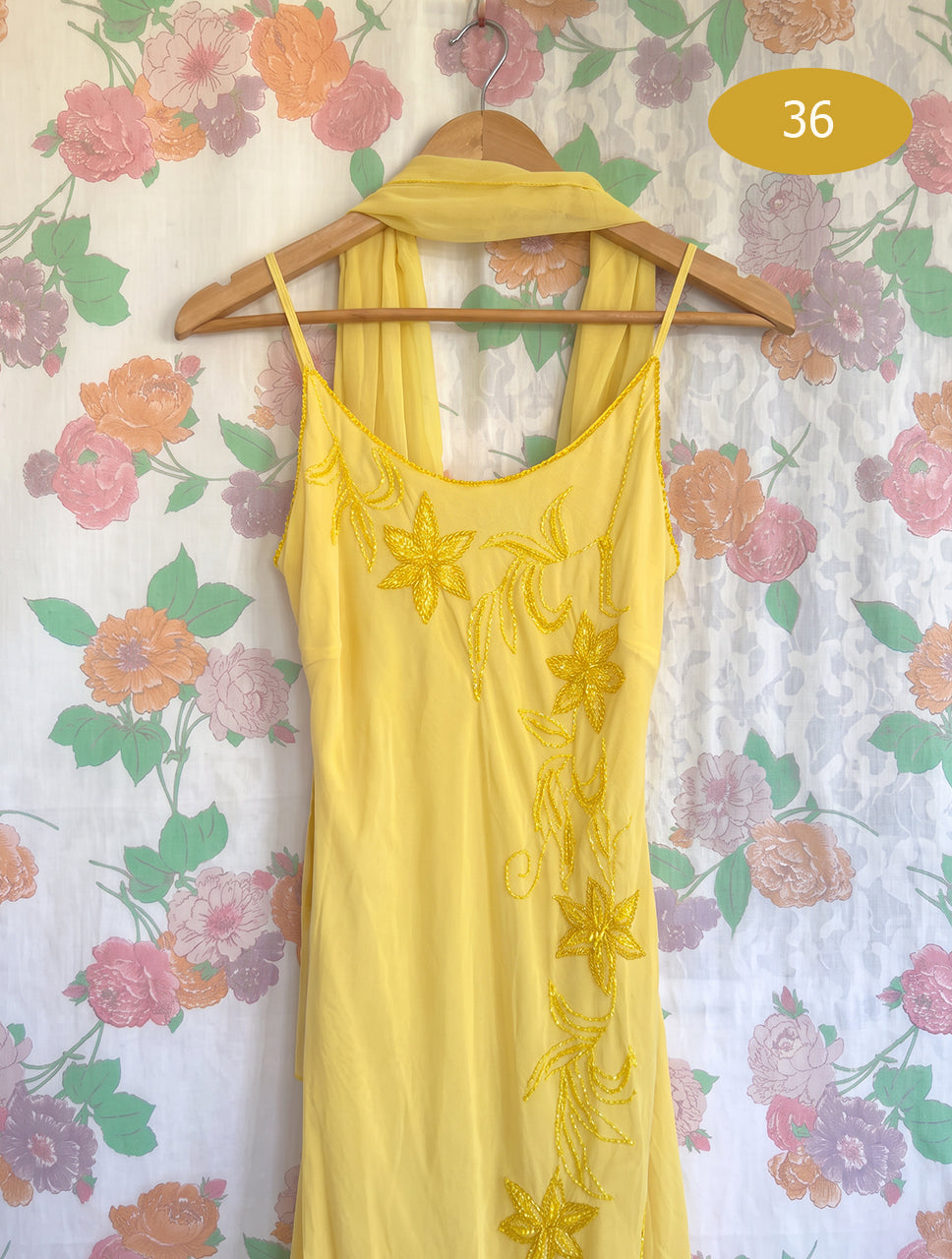 2000's Yellow Embroidered Midi Dress & Matching Scarf