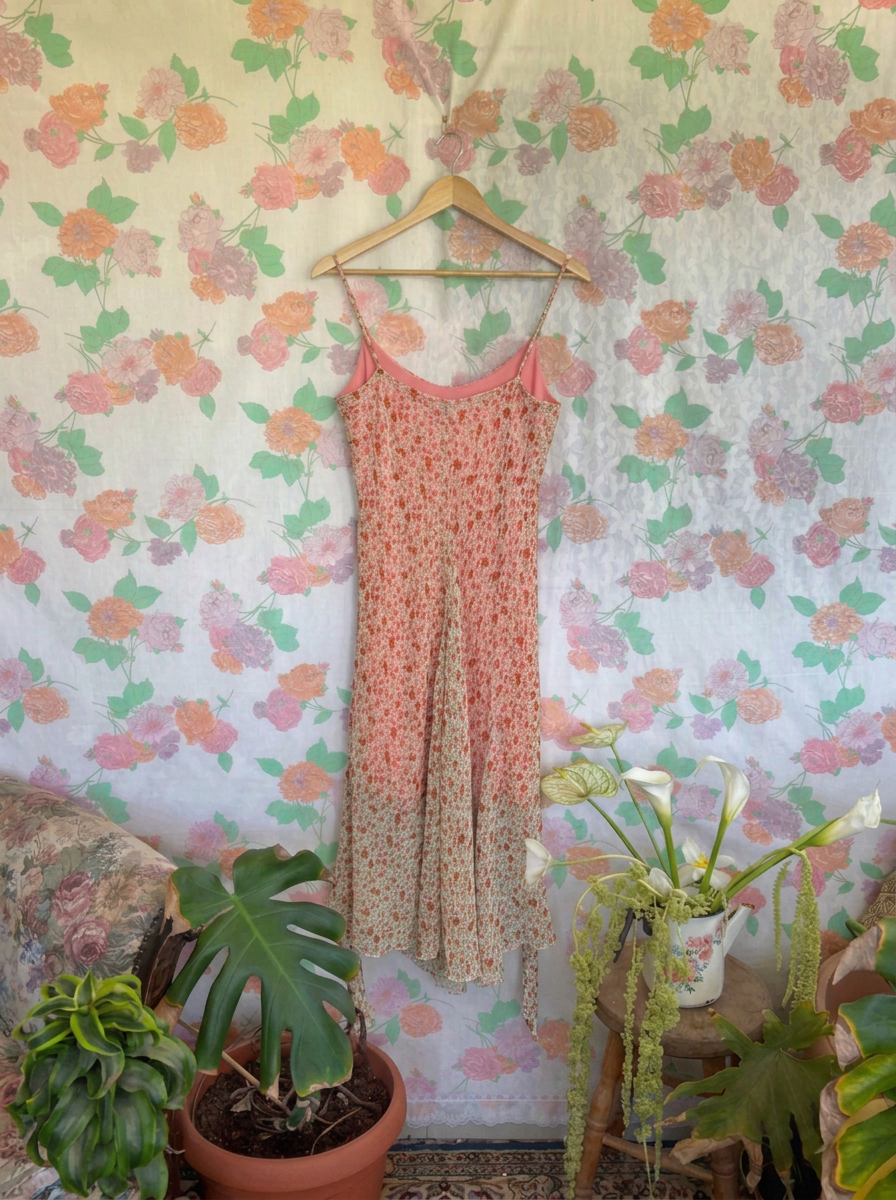 90's Coral-Pink Floral Slip Dress