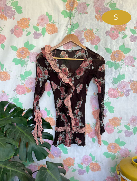 2000's Black Flower Printed Blouse