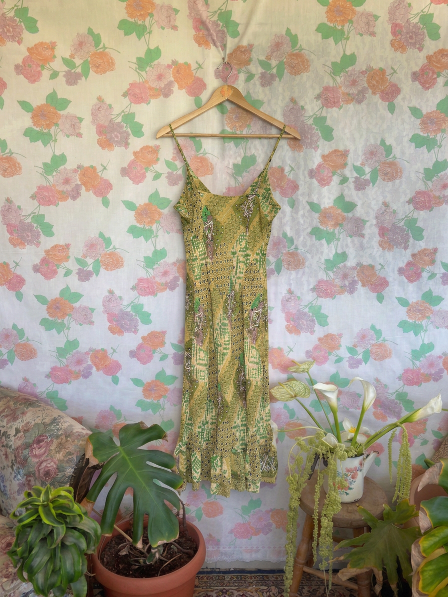 90's Green Mosaic Slip Dress