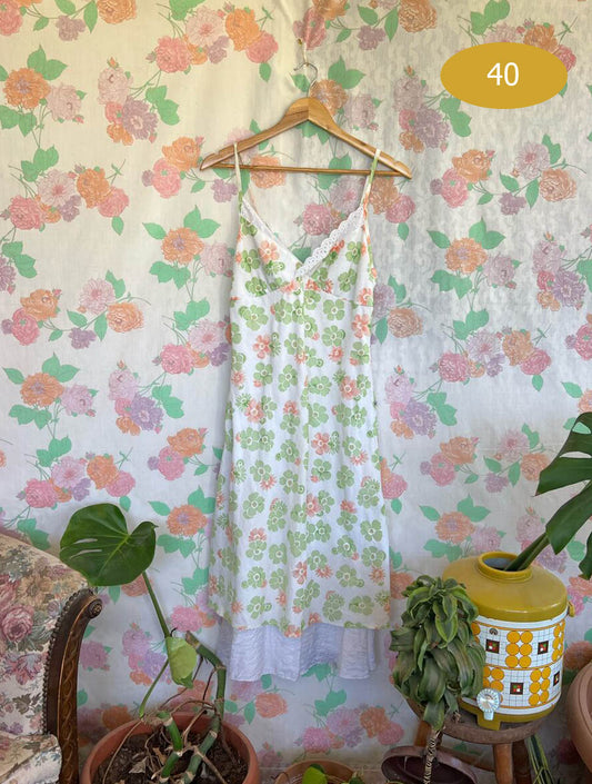 90's White&Green Viscose Dress