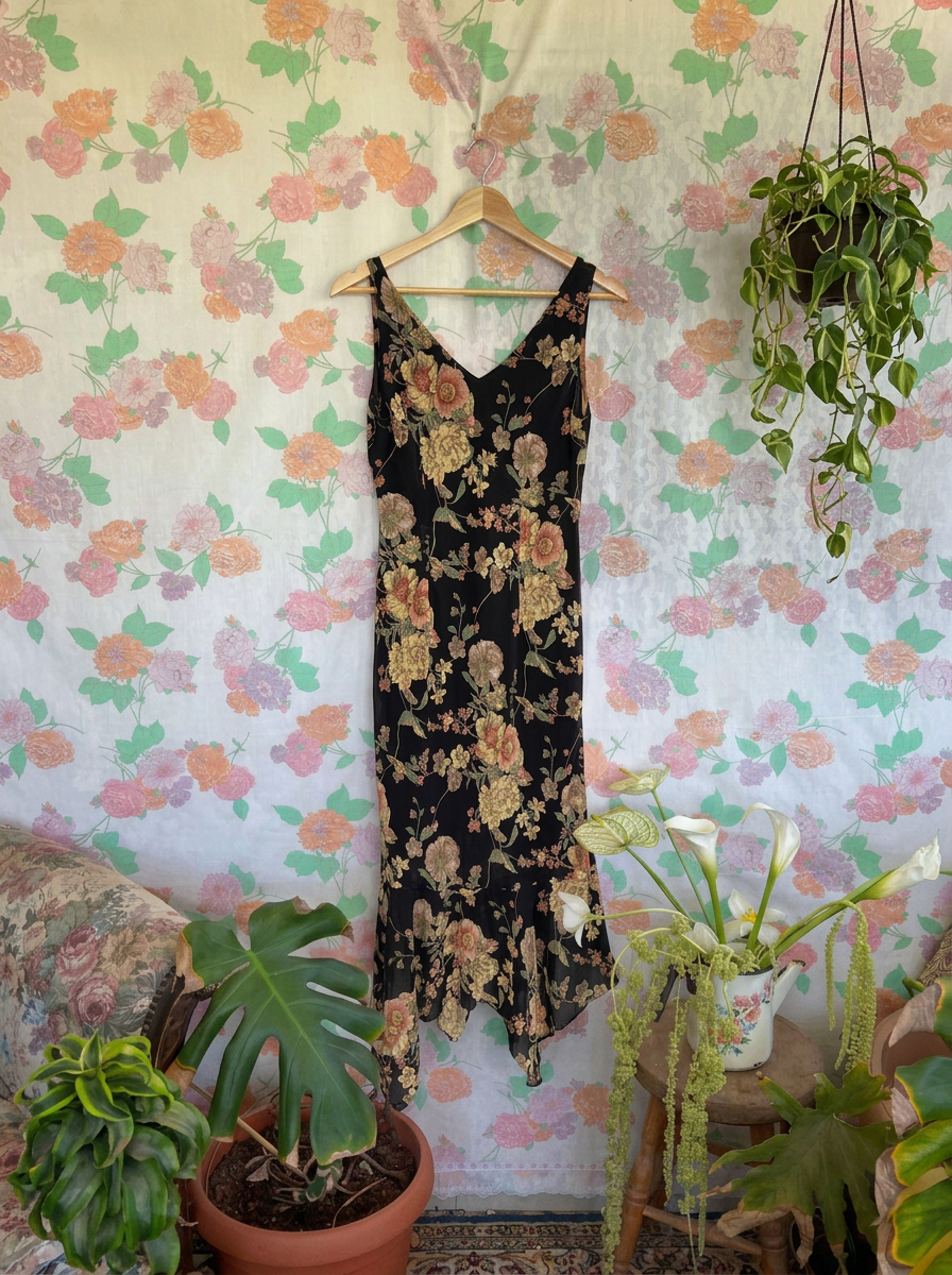 90's Black Floral Asymmetric Dress