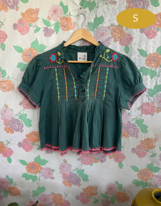 90's Green Embroidered Top