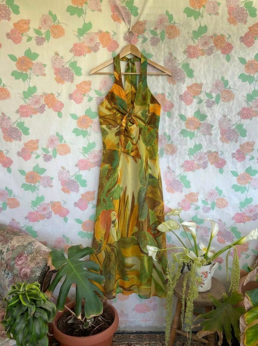 90's Tropical Halter Dress
