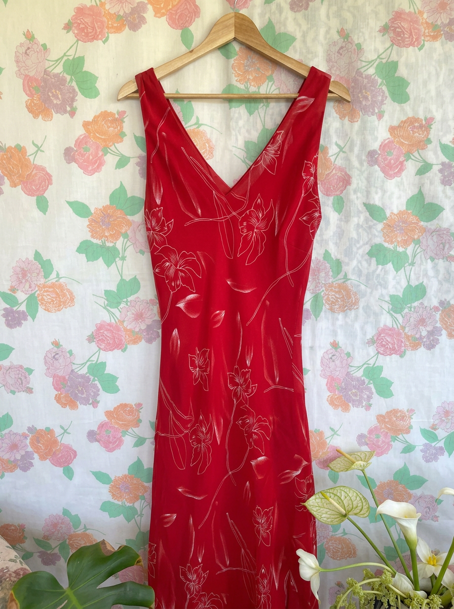 90's Red Romantic Midi Dress