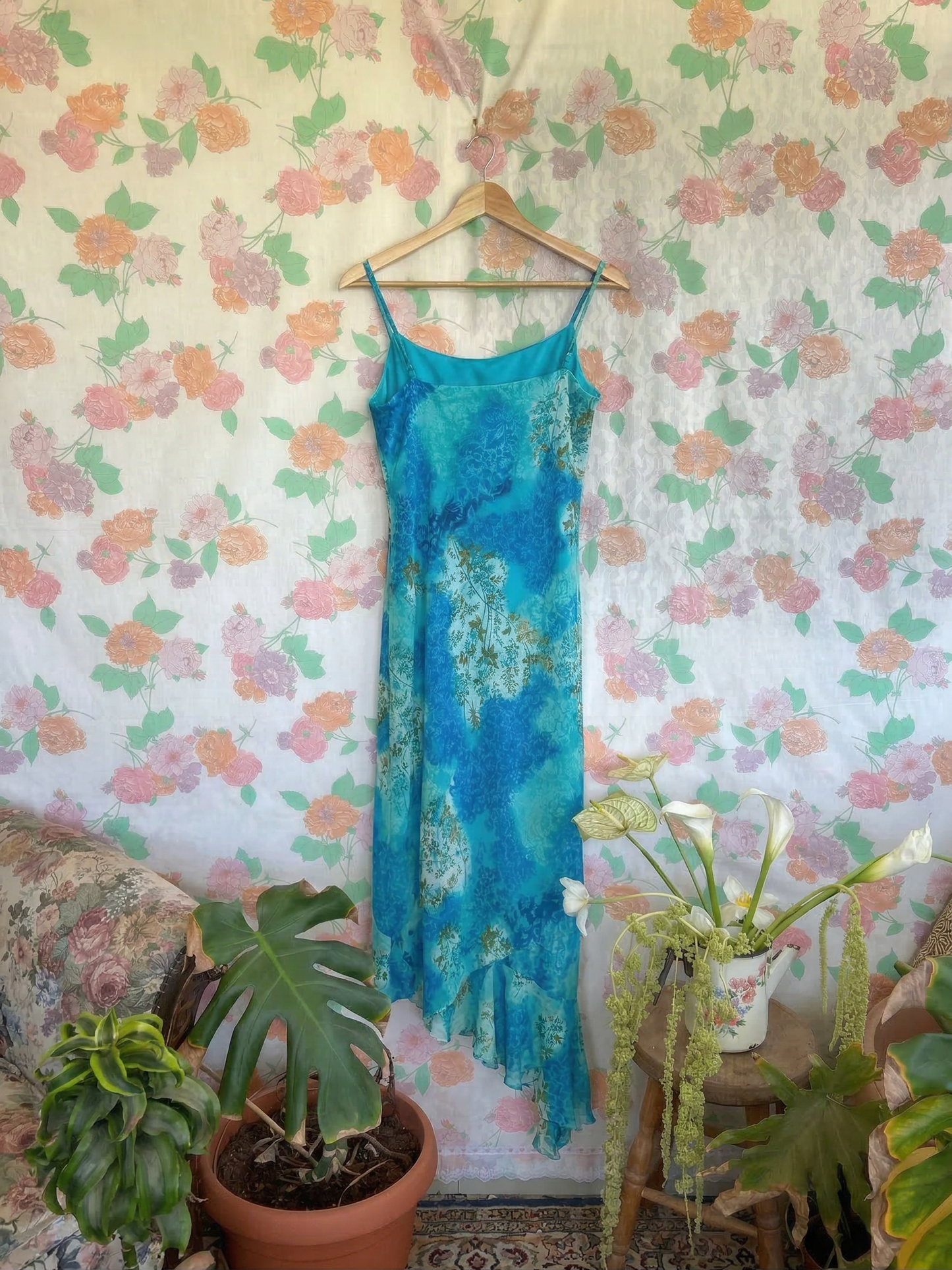 90's Asymmetric Blue Tropical Dress