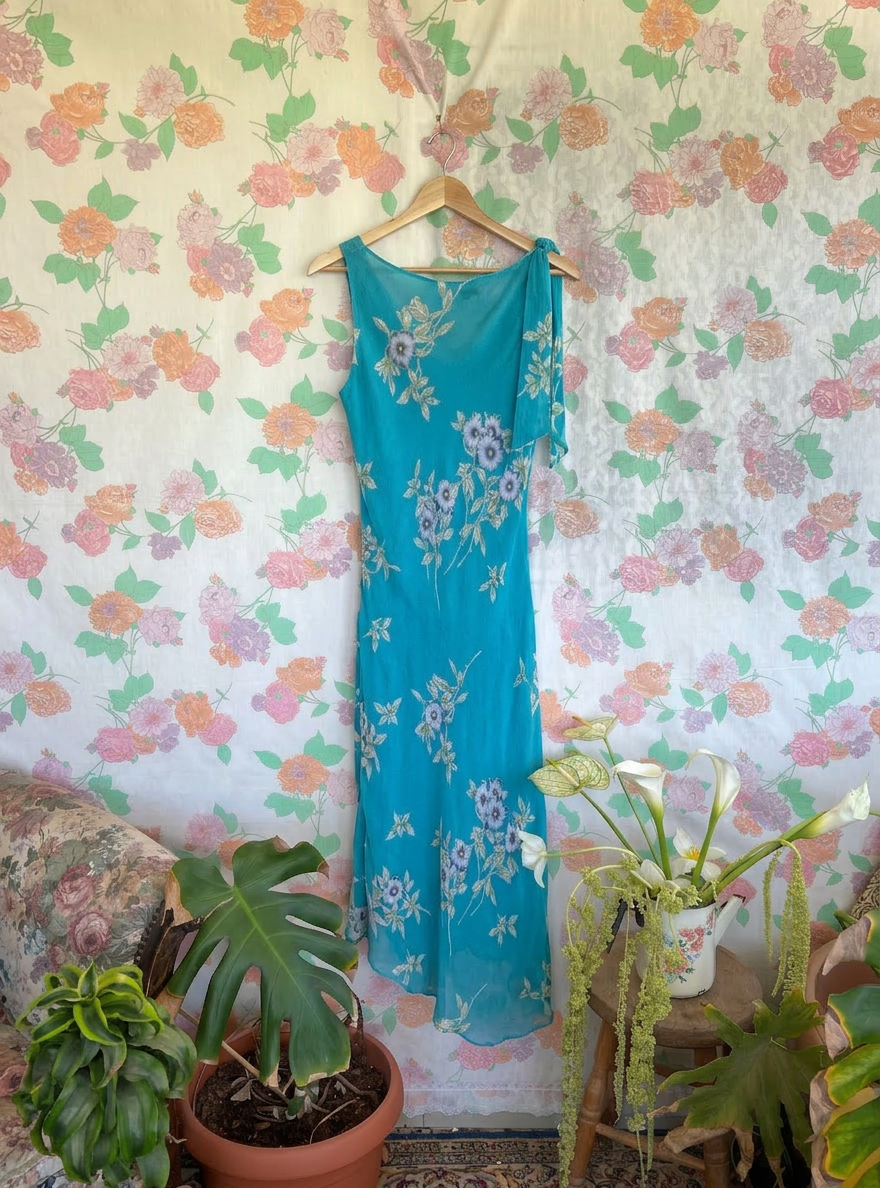 90's Aqua Floral Midi Dress