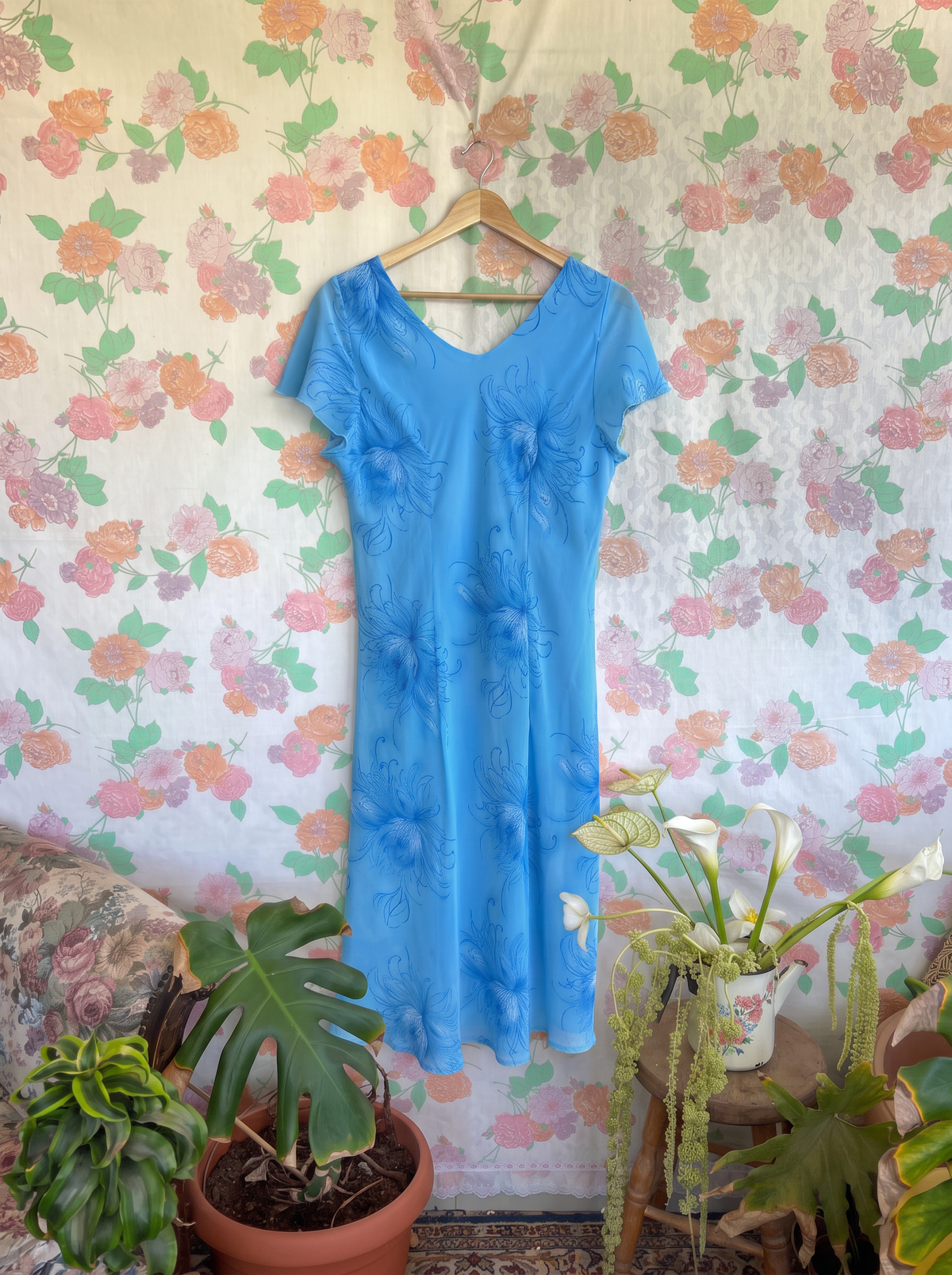 90’s Blue Floral Short Sleeve Dress