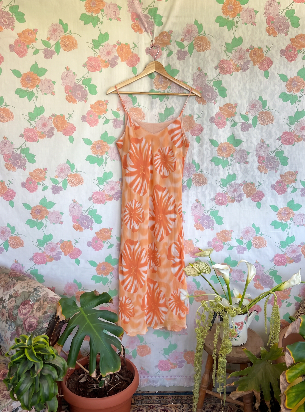 90's Orange Floral Midi Dress