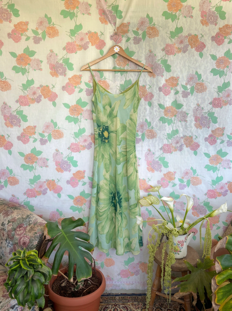 90's Green Floral Slip Dress
