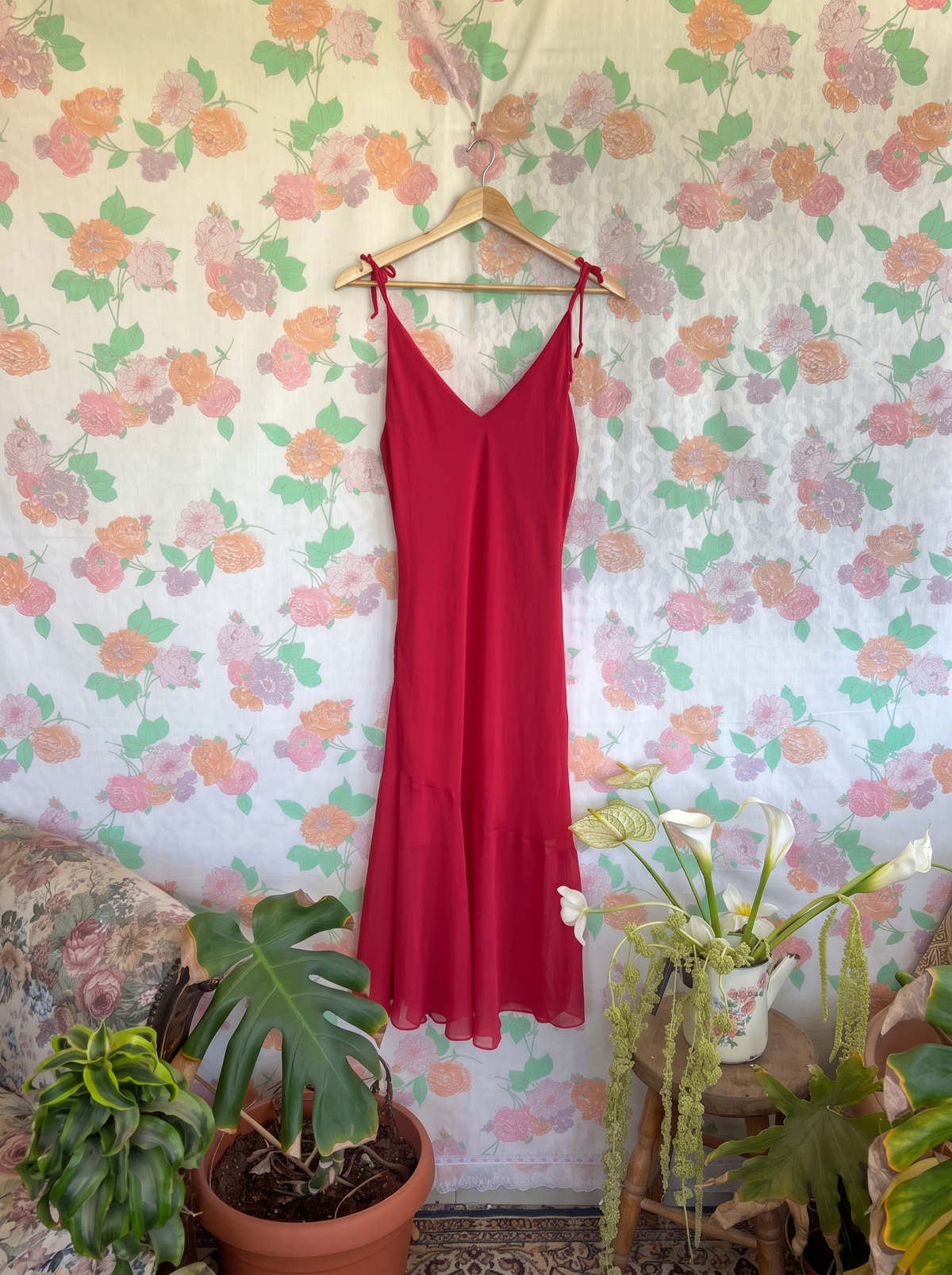 90's Red V-Neck Beaded Dress