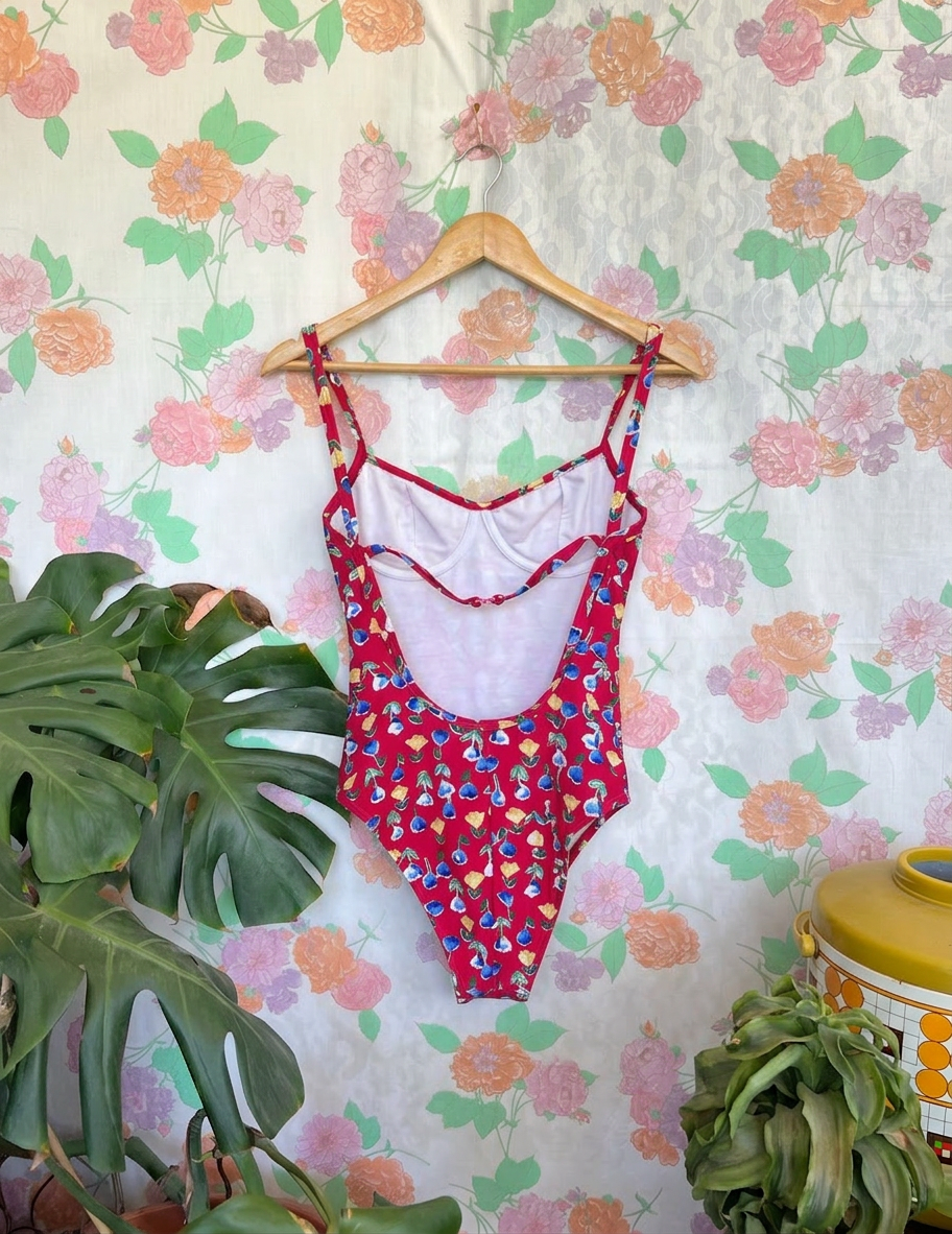 90's Red Floral Swimsuit