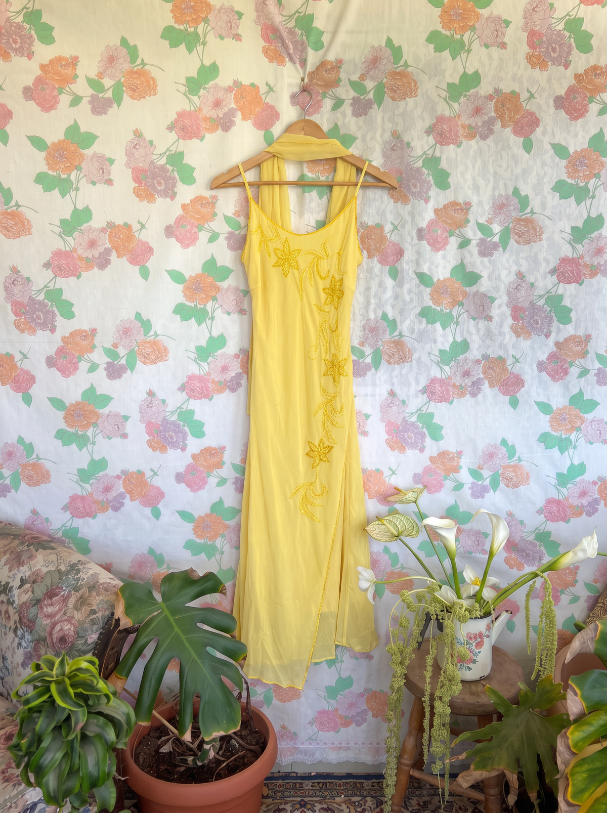 2000's Yellow Embroidered Midi Dress & Matching Scarf