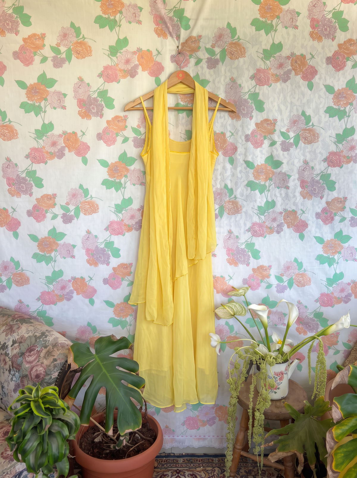 2000's Yellow Embroidered Midi Dress & Matching Scarf