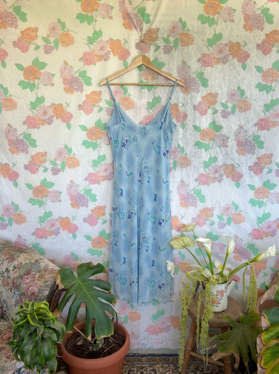 90's Light Blue Floral Slip Dress