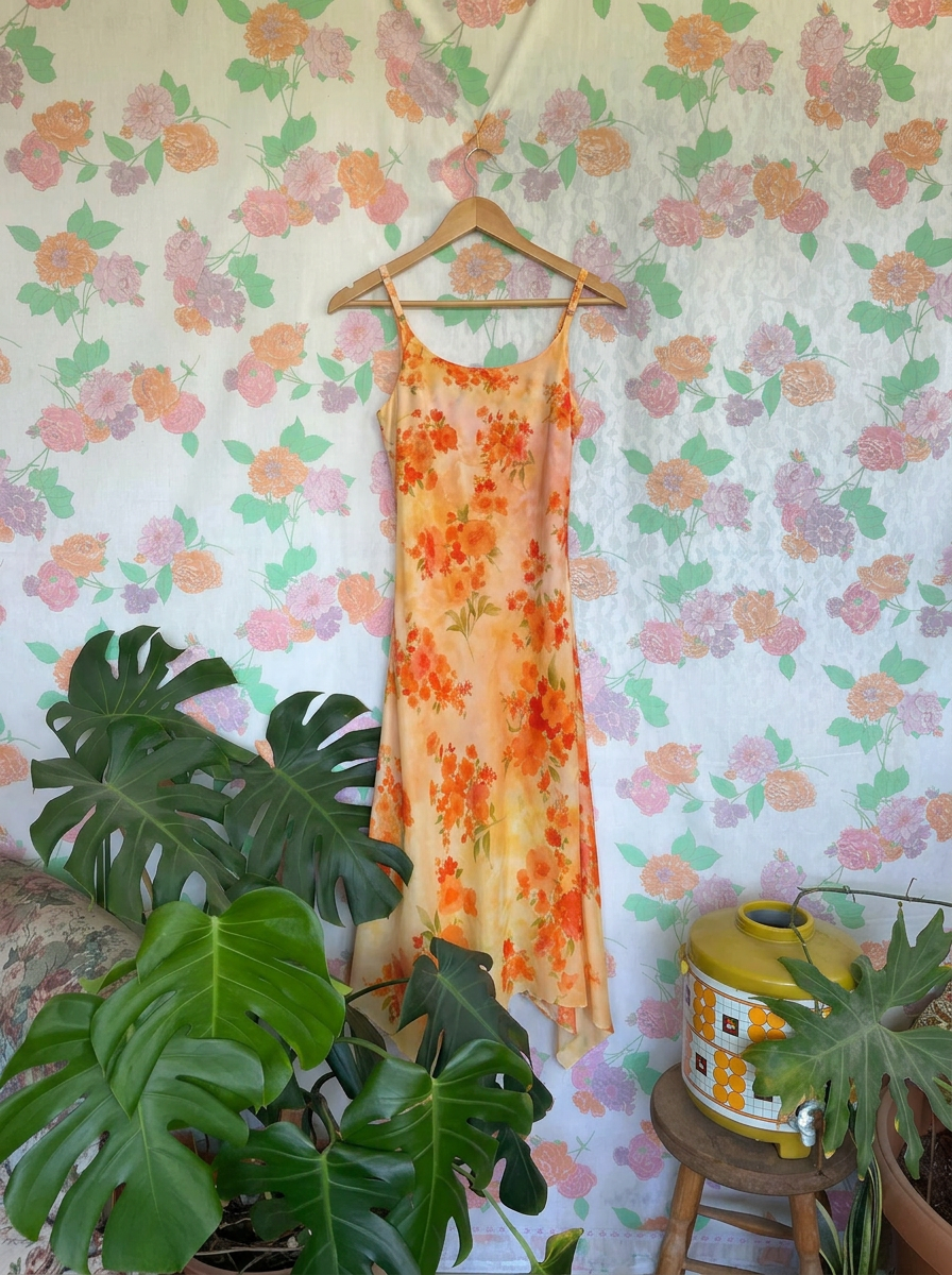 90's Orange Floral Slip Dress