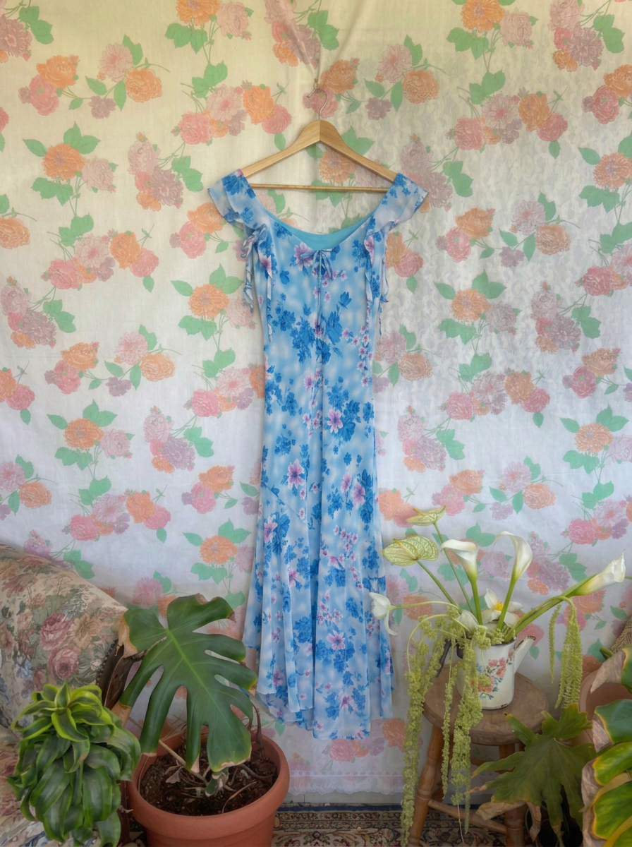 90's Blue Floral Asymmetric Dress