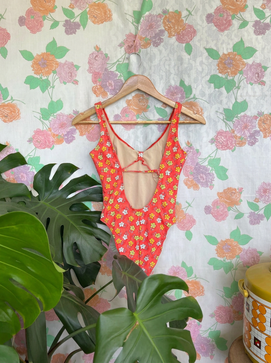 90's Red Floral Swimsuit