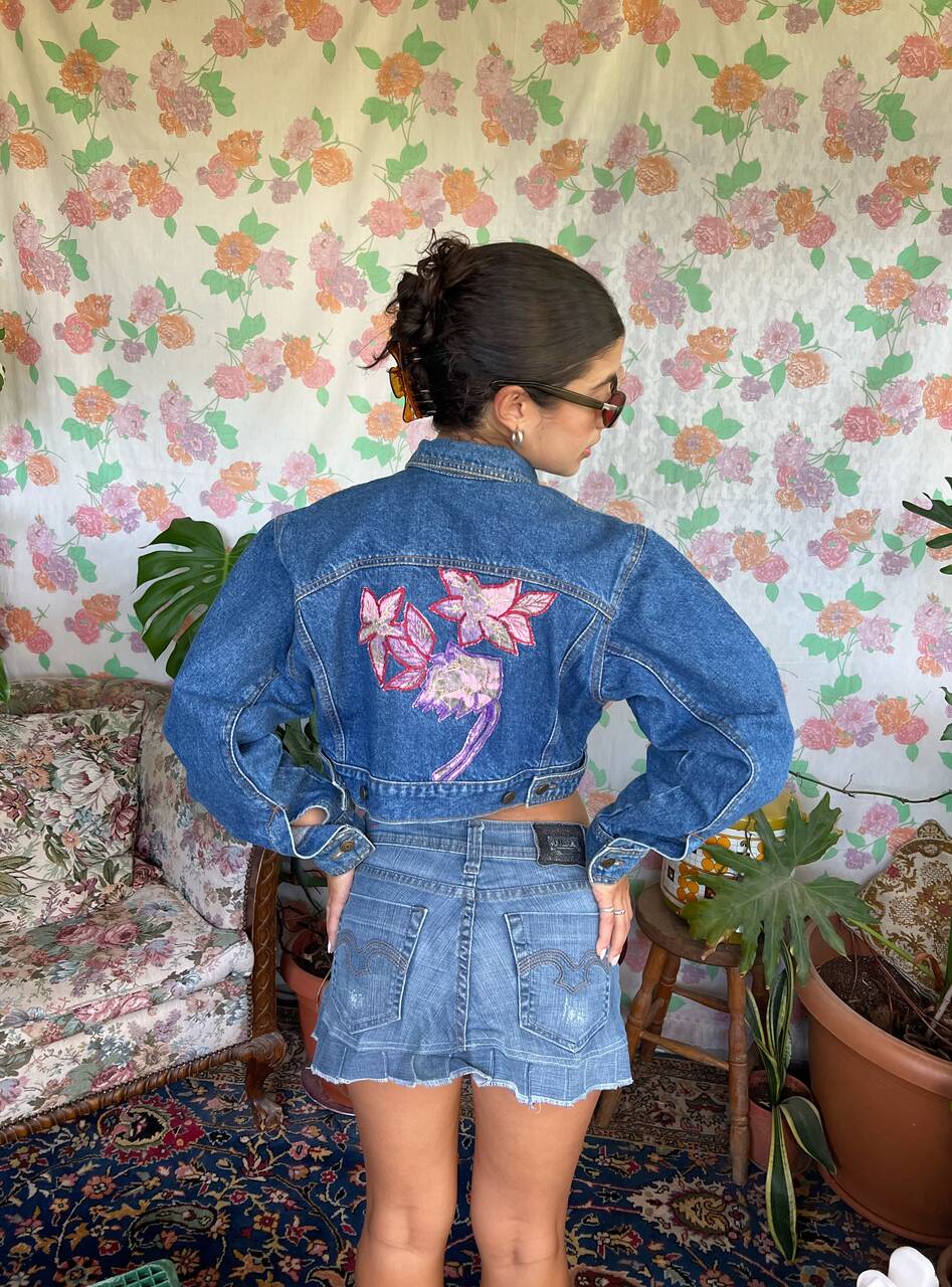 90's Flower Cropped Denim Jacket