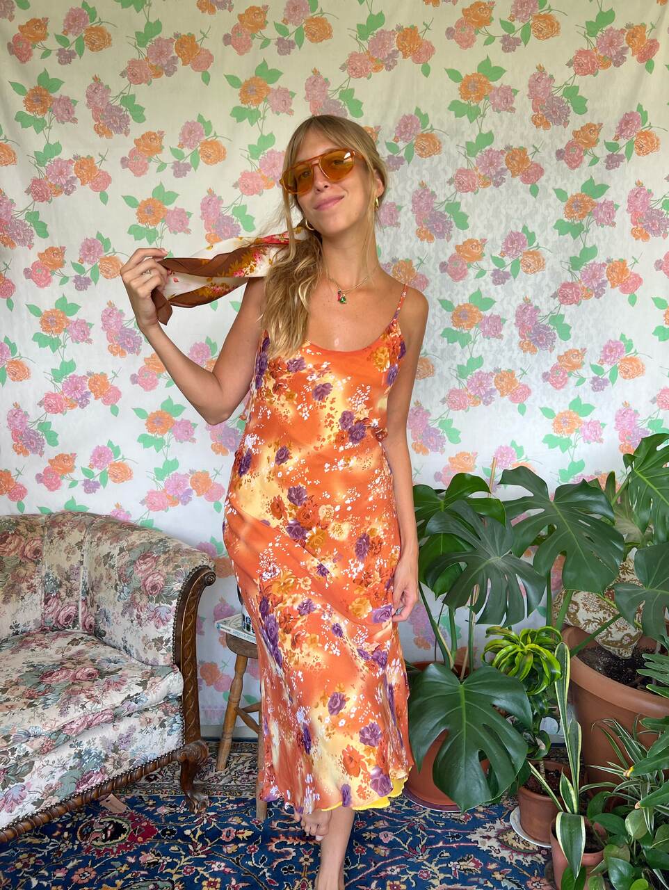 90's Blooming Orange Slip Dress