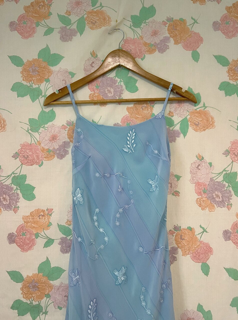 90’s Blue Embroidered Slip Dress