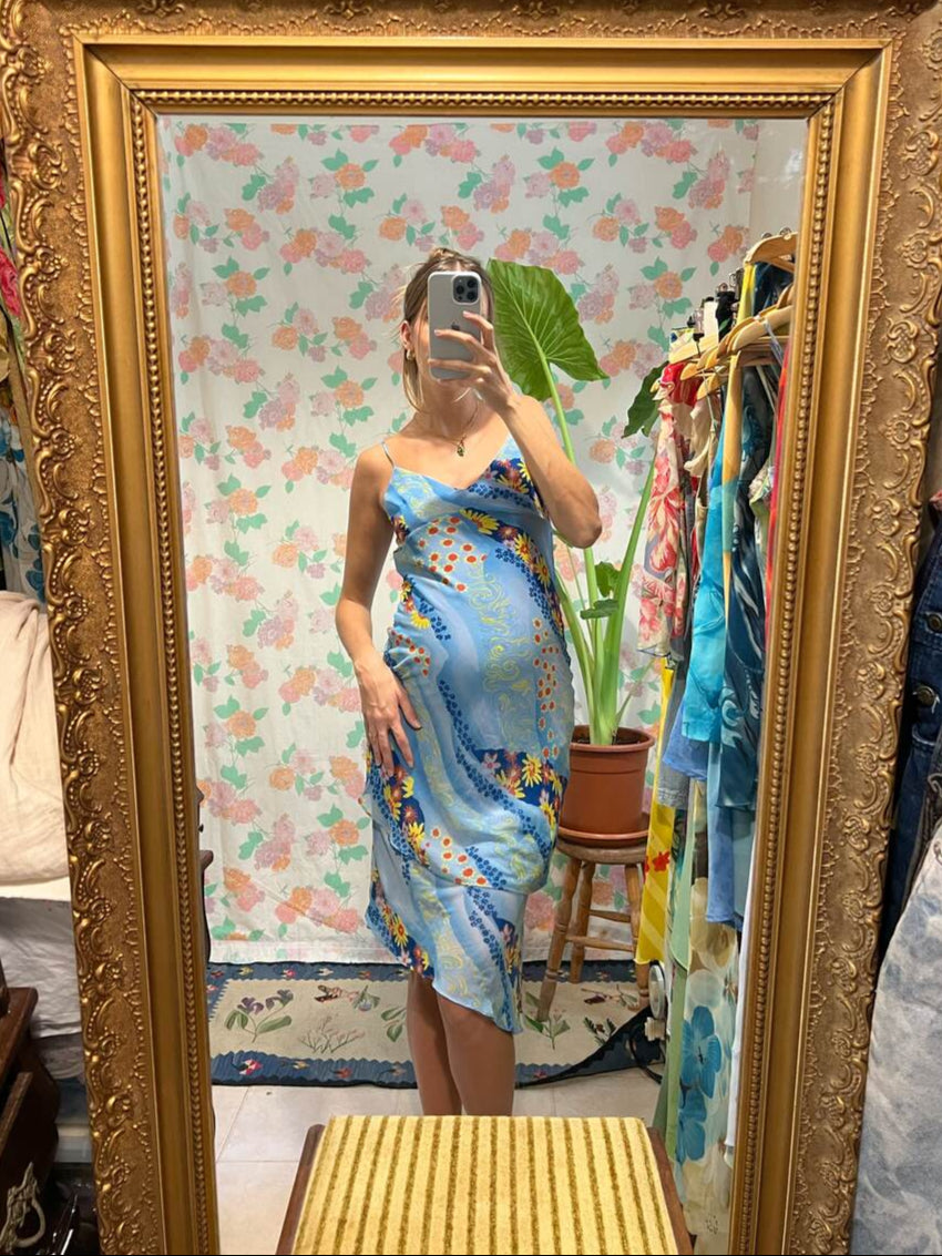 00's Blue Floral Patchwork Printed Dress