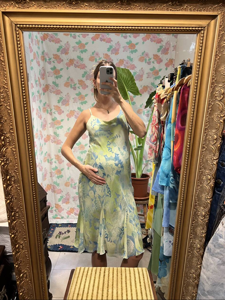 90’s Green Printed Slip Dress