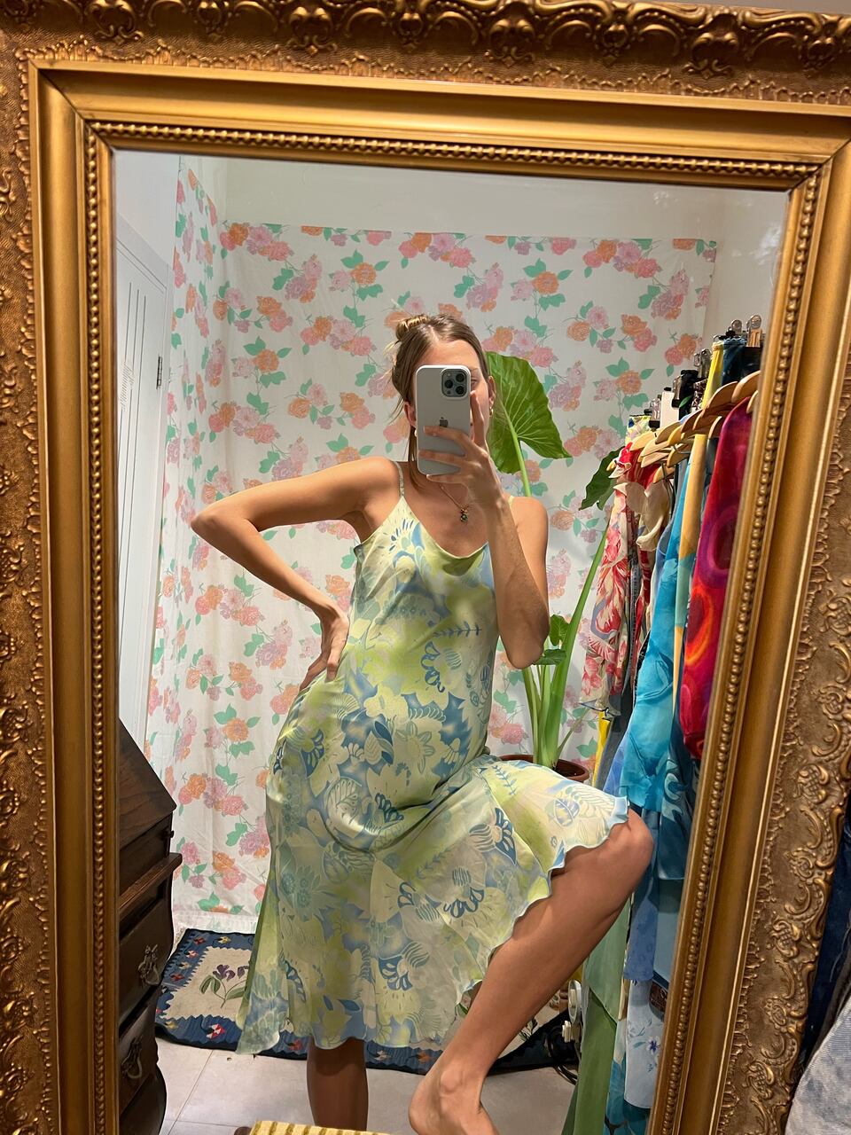 90’s Green Printed Slip Dress