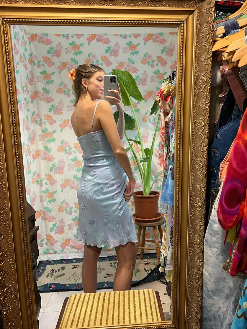 90’s Blue Embroidered Slip Dress