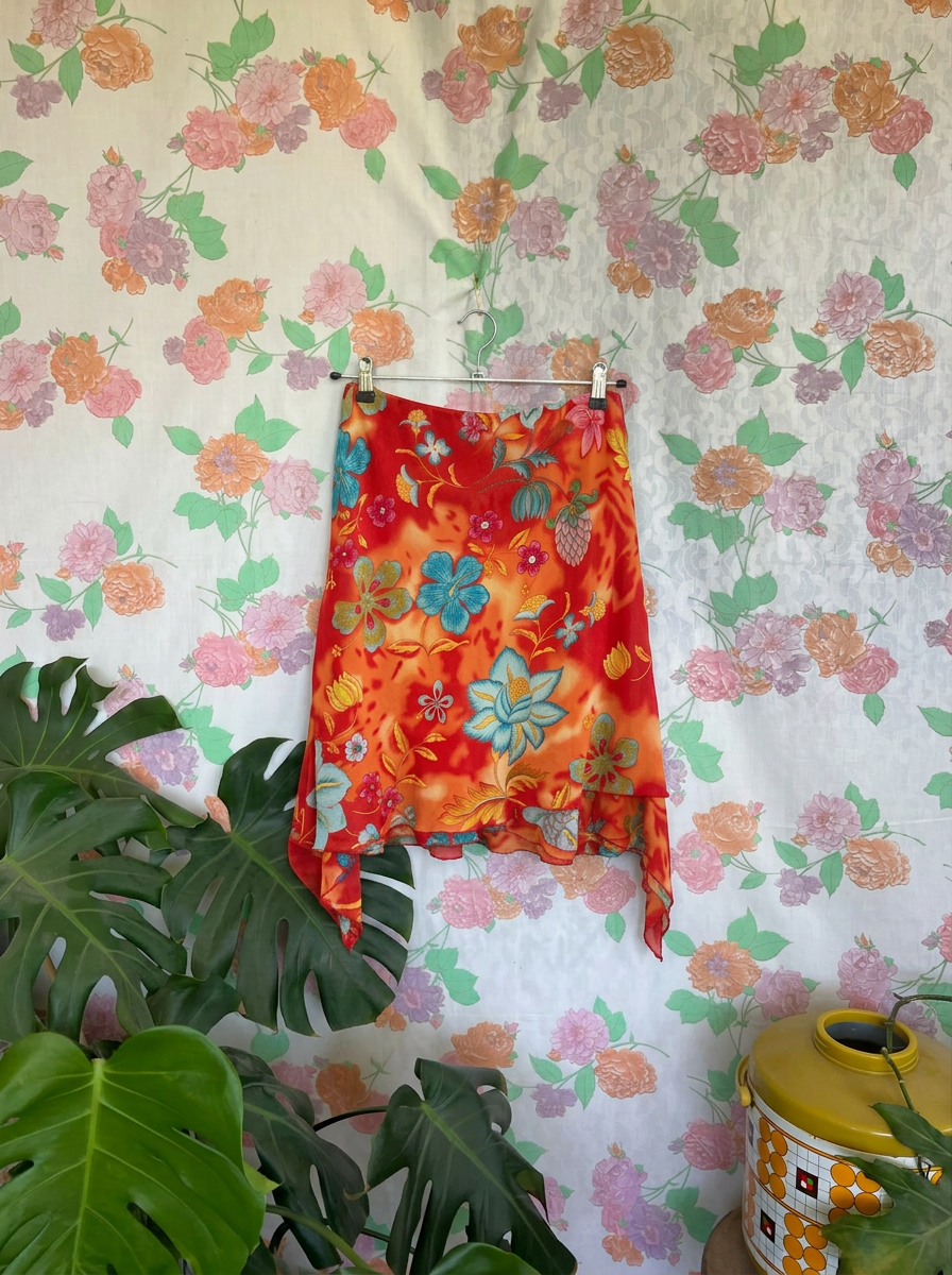 90's Floral Asymmetric Midi Skirt