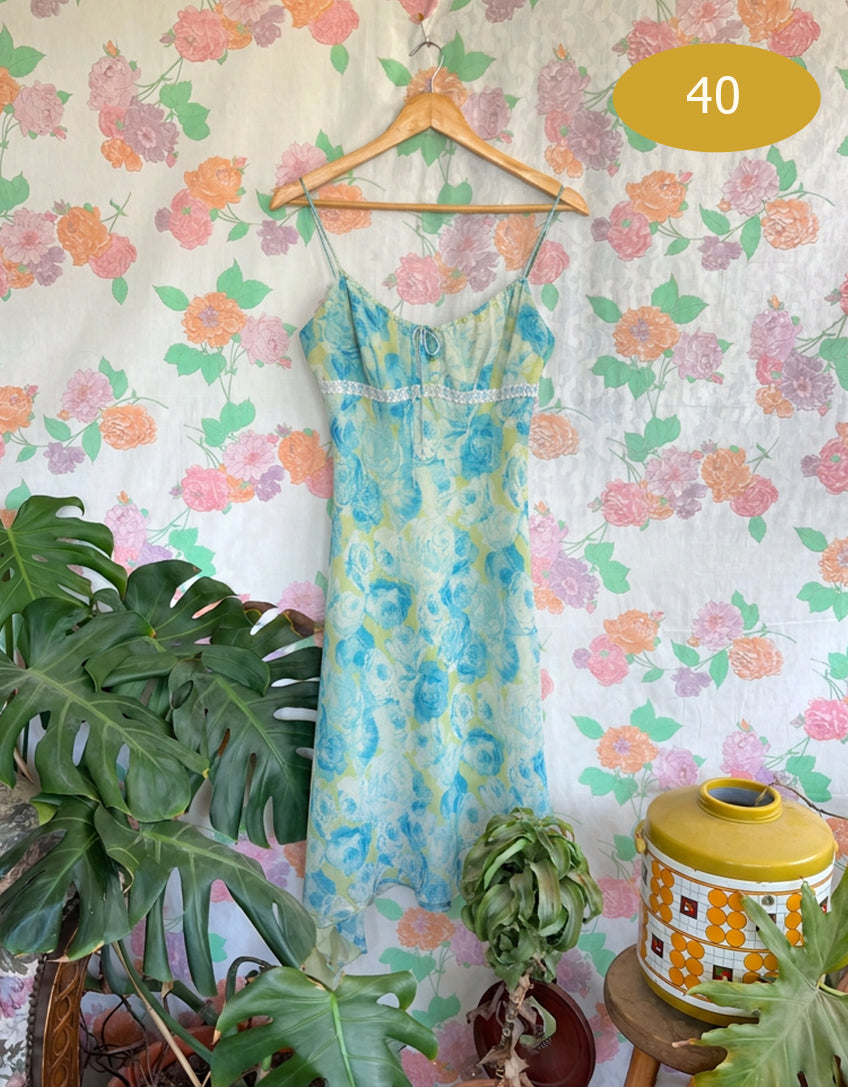 90's Blue & Green Floral Slip Dress