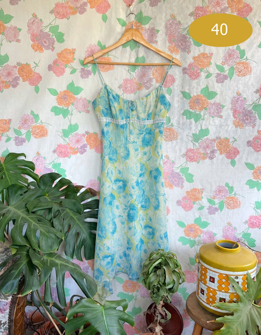 90's Blue & Green Floral Slip Dress