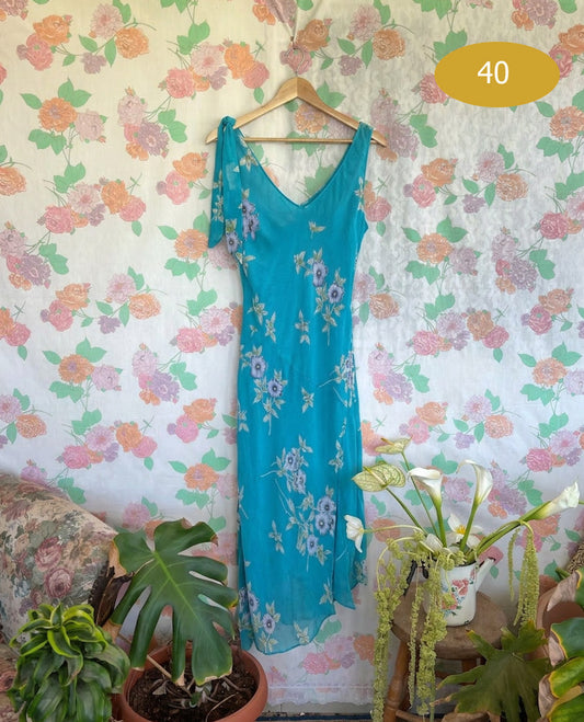 90's Aqua Floral Midi Dress