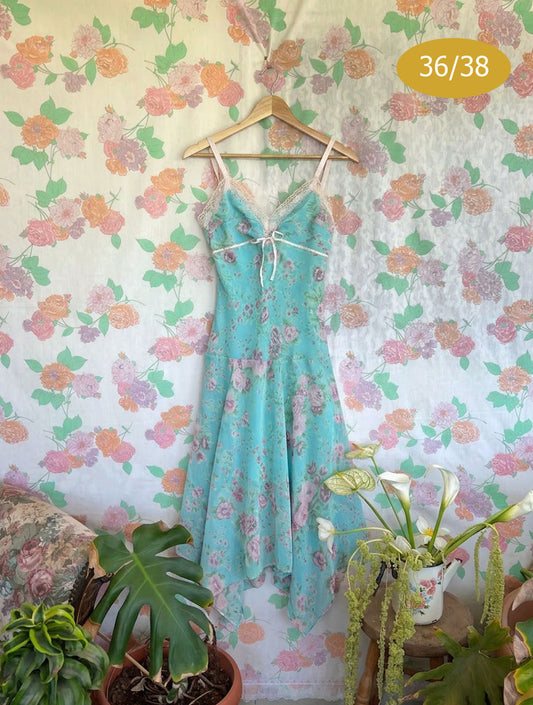 00's Romantic Blue Floral Dress
