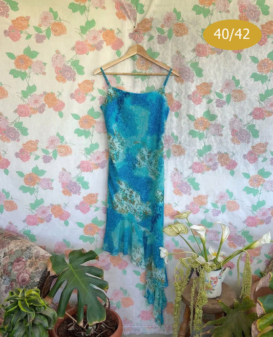 90's Asymmetric Blue Tropical Dress