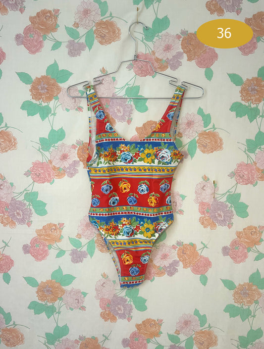 90's Deadstock Red Floral Swimsuit