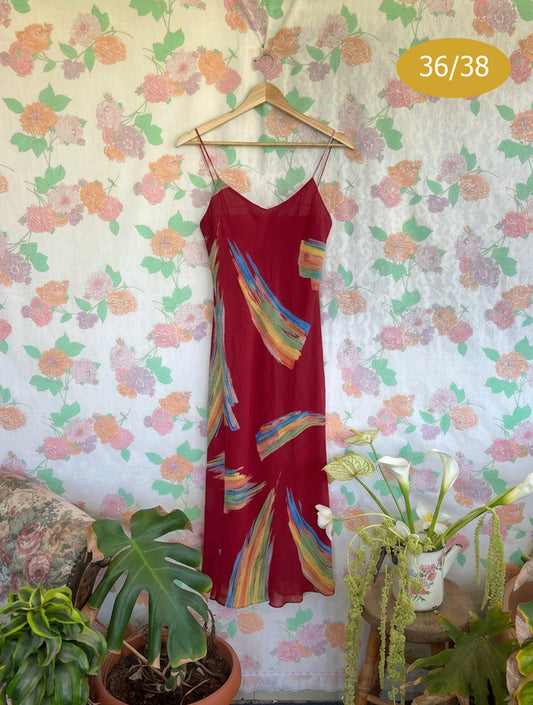 90's Printed Voile Red Dress