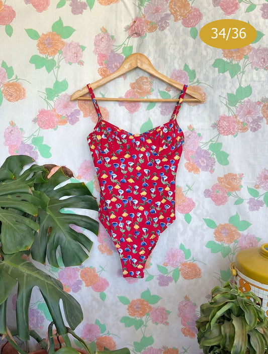 90's Red Floral Swimsuit