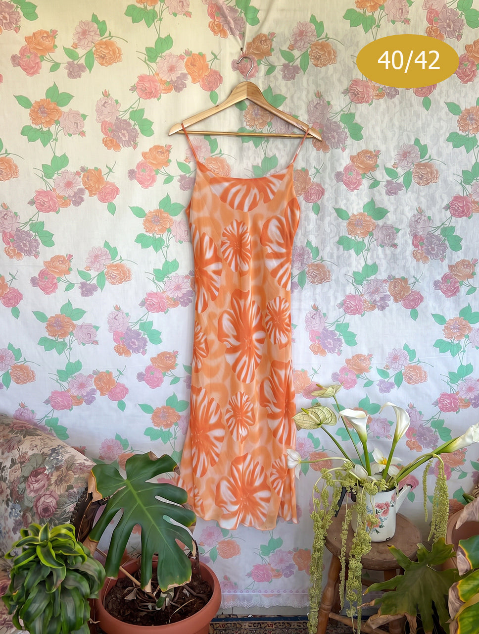 90's Orange Floral Midi Dress