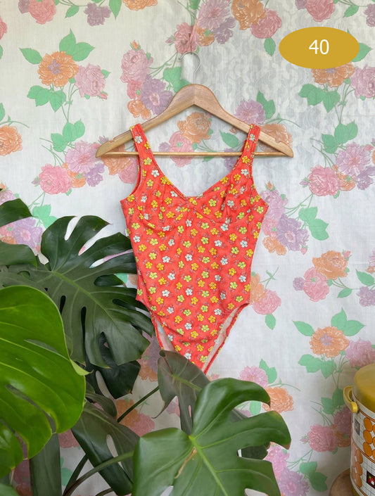 90's Red Floral Swimsuit