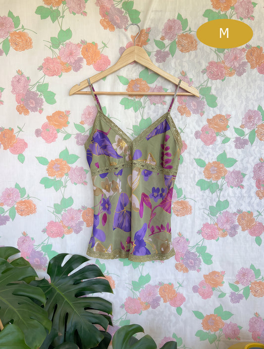 90's Green Floral Lace Top