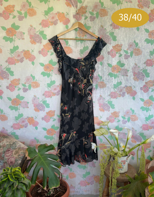 90's Black Floral Midi Dress