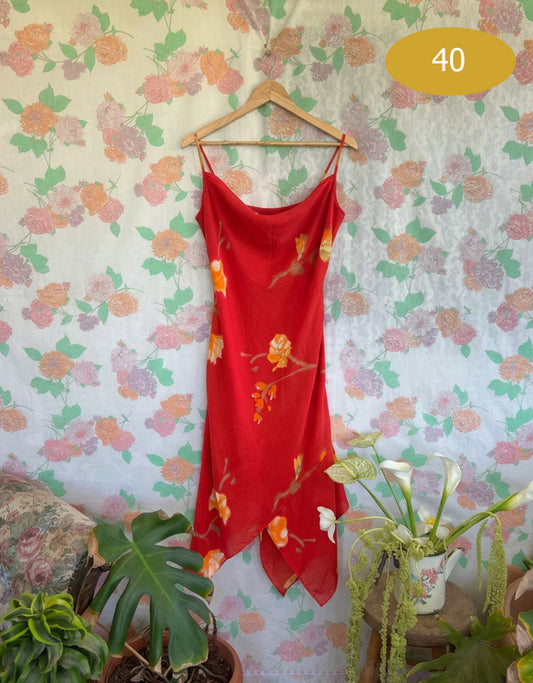 90's Red Floral Slip Dress