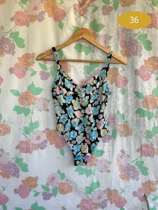 90's Black Floral Swimsuit