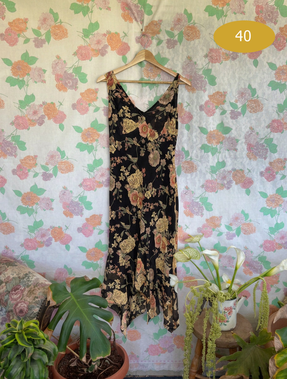 90's Black Floral Asymmetric Dress