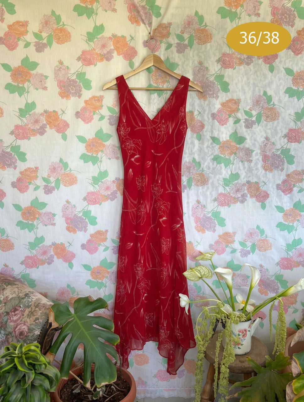 90's Red Romantic Midi Dress